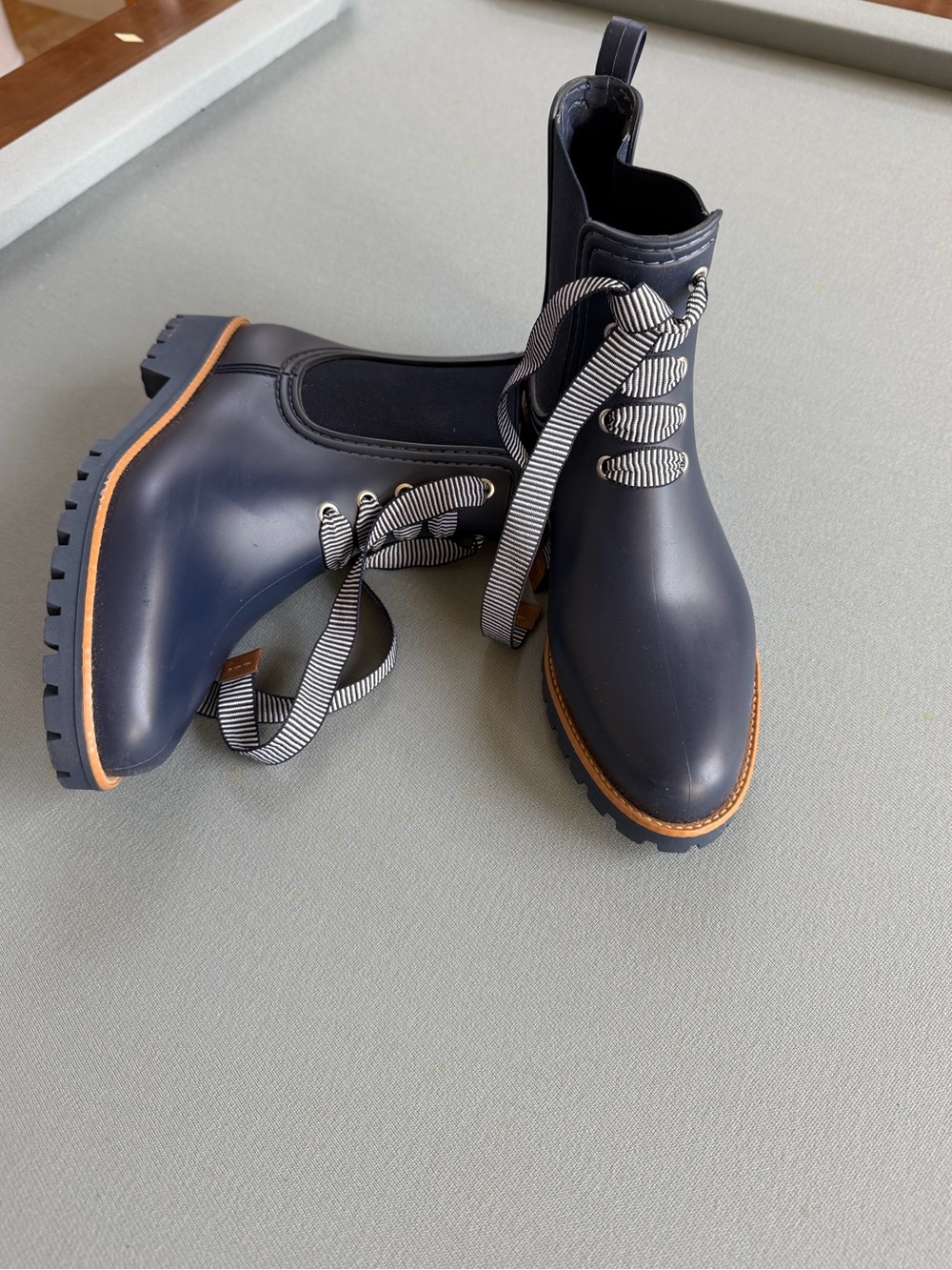 Bernardo Navy Chelsea Rain Boots with Tan Trim and Striped Laces 8